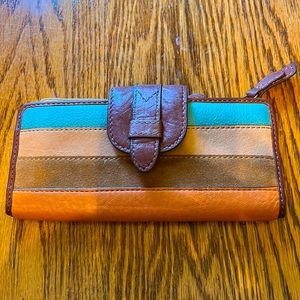Fossil wallet, checkbook case. Orange leather with contrasting stripes